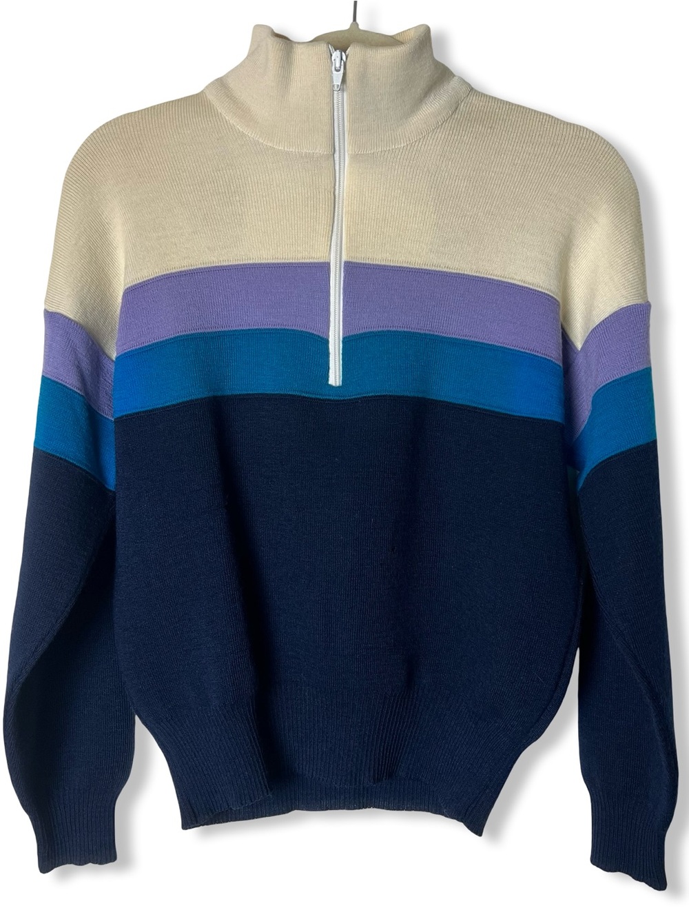 Demetre VTG Women’s 70s Colorblock Wool Ski Sweater Quarter Zip Retro Sz M